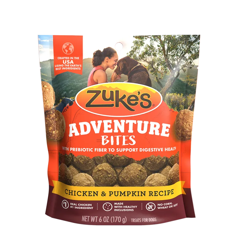 Adventure Bites Chicken &amp; Pumpkin Dog Treats front of pack 