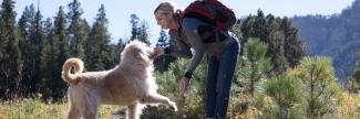 Image of a dog jumping on a woman outside the front door