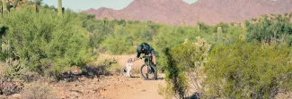 Man biking on a trail taking a break to pet his dog sitting next to him. 