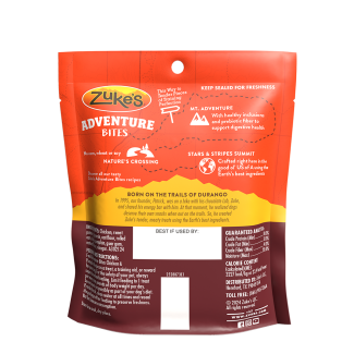 Adventure Bites Chicken &amp; Pumpkin Dog Treats back of packaging 