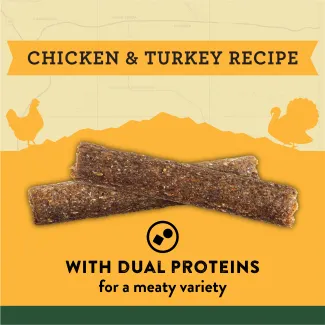 Zuke&#039;s Chicken &amp; Turkey Adventure Sticks provide meaty variety for your dog with high-quality dual proteins.