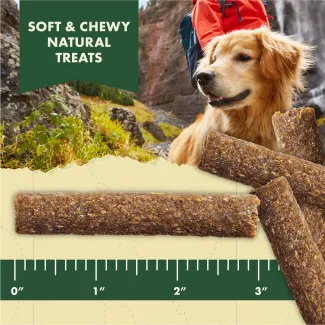 Zuke&#039;s Adventure Sticks soft and chewy, natural dog treats are 3 inches long.