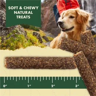 Zuke&#039;s Adventure Sticks soft and chewy, natural dog treats are 3 inches long.