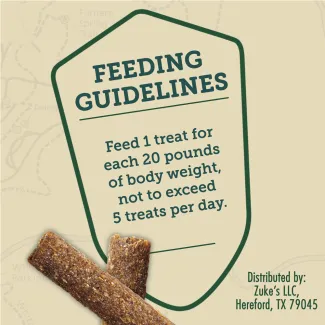 Zukes Adventure Sticks feeding guidelines, 1 treat per 20 pounds of body weight, max 5 treats per day.