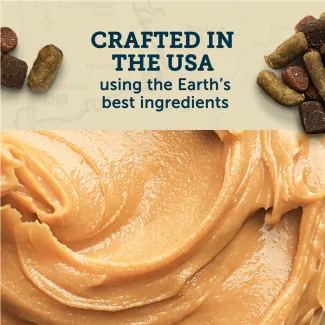 Close up of peanut butter with text, Zukes Trail Mix crafted in the USA using the Earths best ingredients.