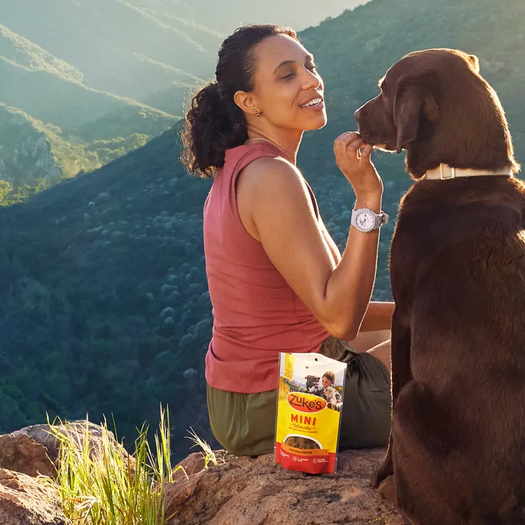 woman feeding a treat to a dog
