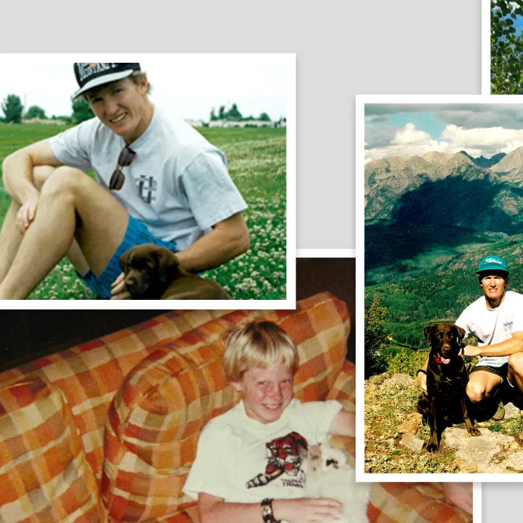 Collage of images of Zuke’s founder, Patrick, and his dog Zuke