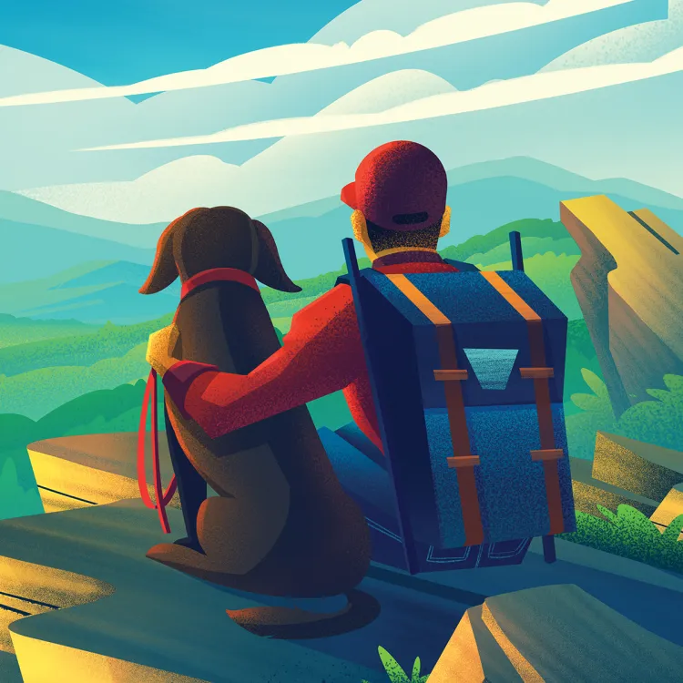 drawing of a man and his dog looking off over the land